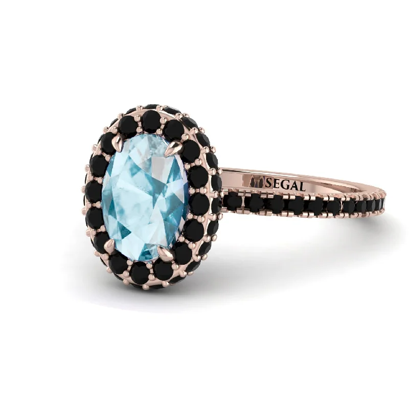 Gold Ring Sets-Oval Aquamarine Halo Hidden Black Diamonds Ring - Amy No. 408