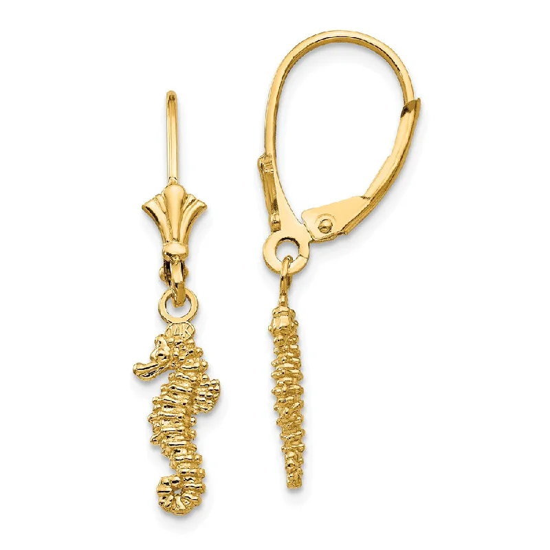 Fashionable Pearl Earrings-3D Mini Textured Seahorse Lever Back Earrings in 14k Yellow Gold