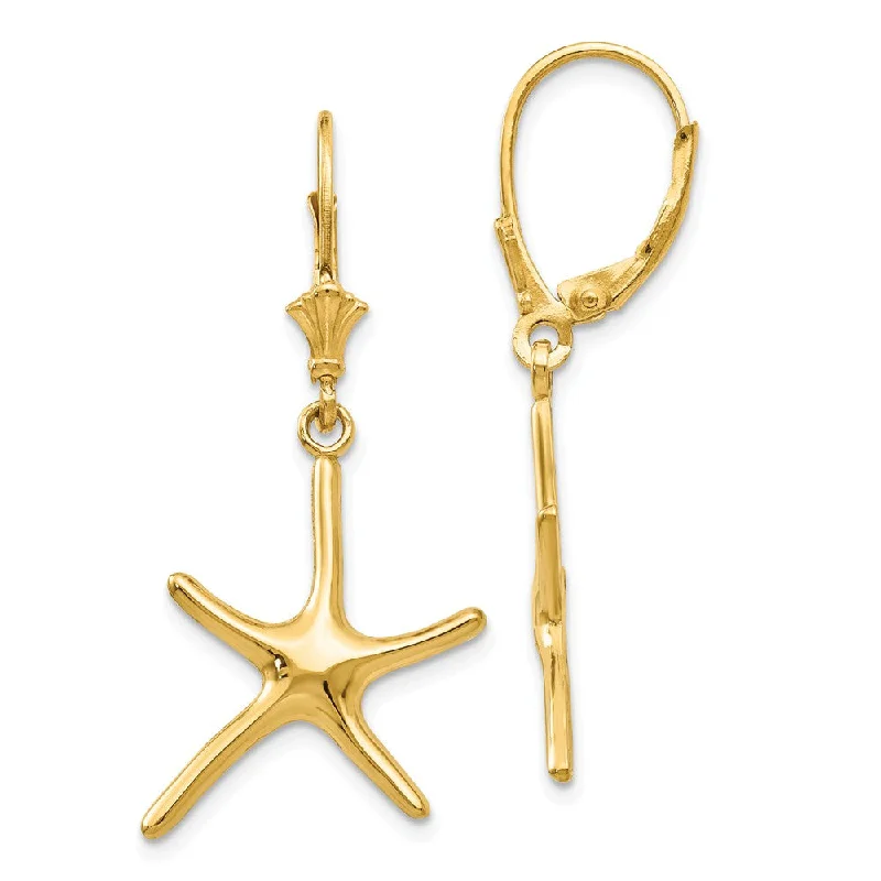 Crystal Stud Earrings-Polished Pencil Starfish Lever Back Earrings in 14k Yellow Gold