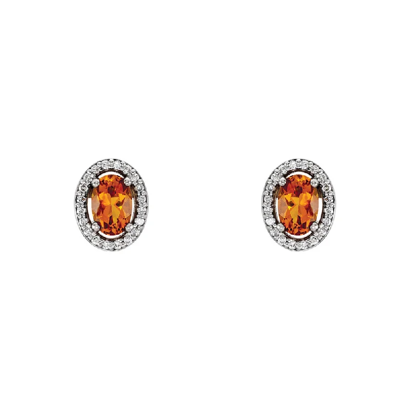 Vintage Gemstone Earrings-Oval Citrine & Diamond Halo Earrings in 14k White Gold