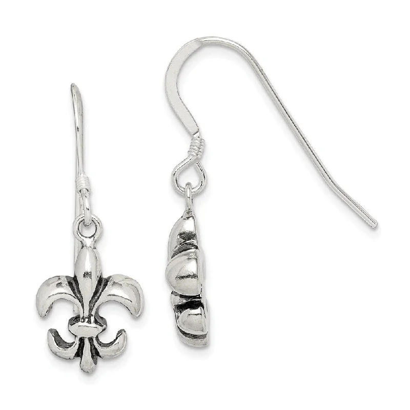 Unique Gemstone Earrings-Fleur De Lis Dangle Earrings in Antiqued Sterling Silver