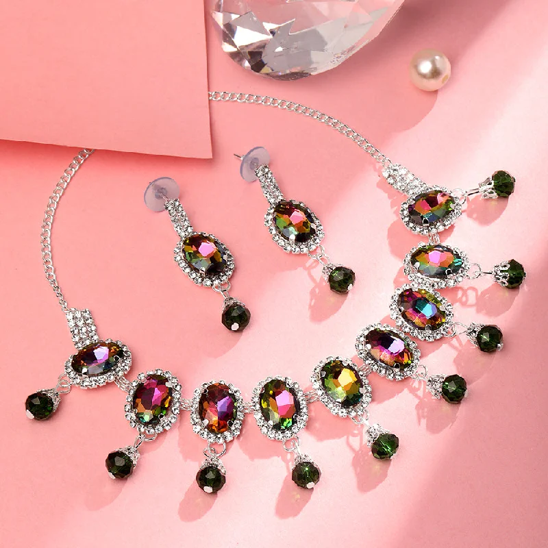 Personalized Choker Necklaces-Shrishti Fashion Creative Oval Shape Multi Stone Silver Plated Choker Necklace Set For Women