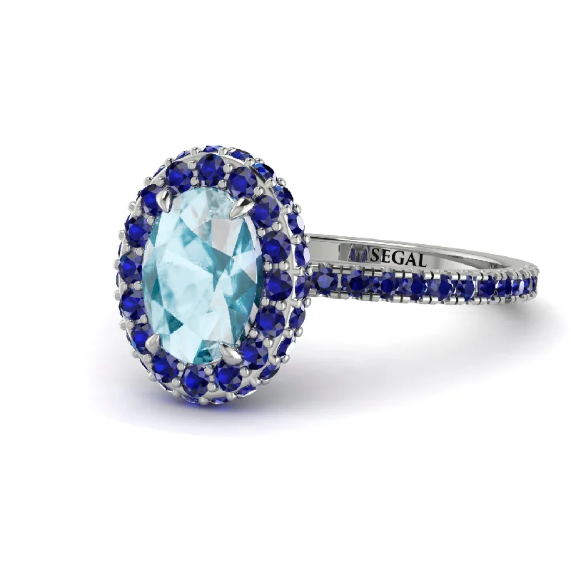 Men’s Statement Rings-Oval Aquamarine Halo Hidden Sapphires Ring - Amy No. 415