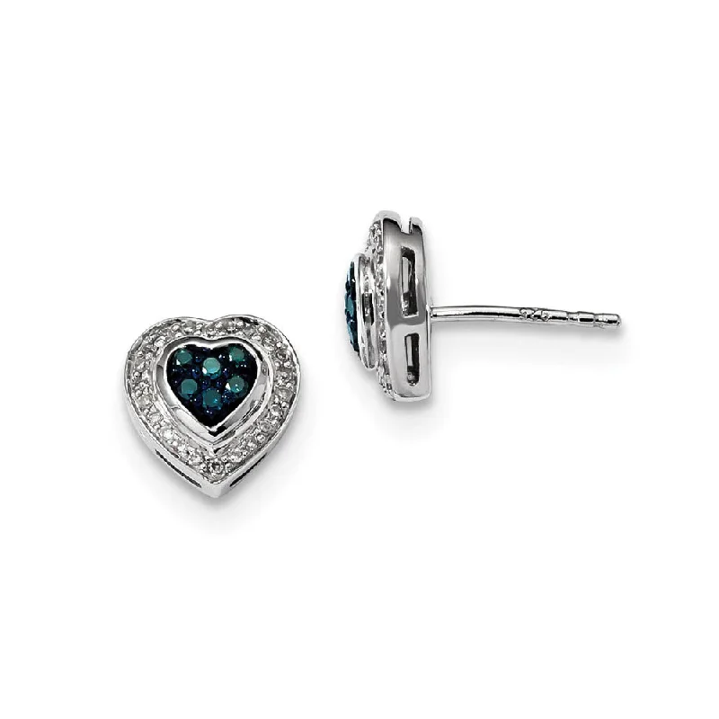 Statement Earrings for Women-Blue & White Diamond 10mm Heart Post Earrings in Sterling Silver