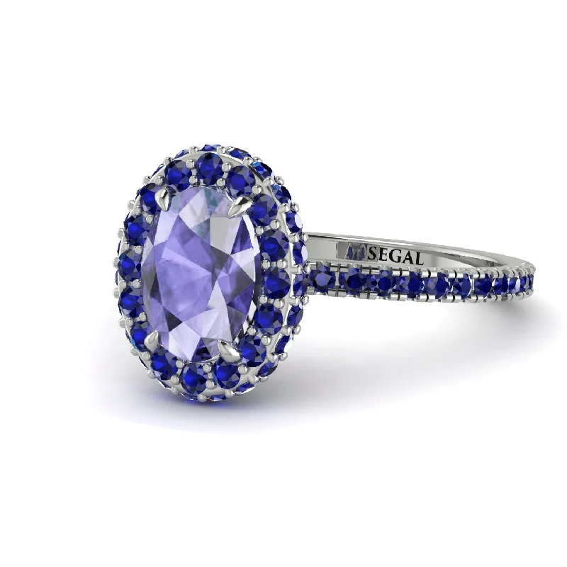 Fashionable Gemstone Wedding Rings-Oval Tanzanite Halo Hidden Sapphires Ring - Amy No. 215