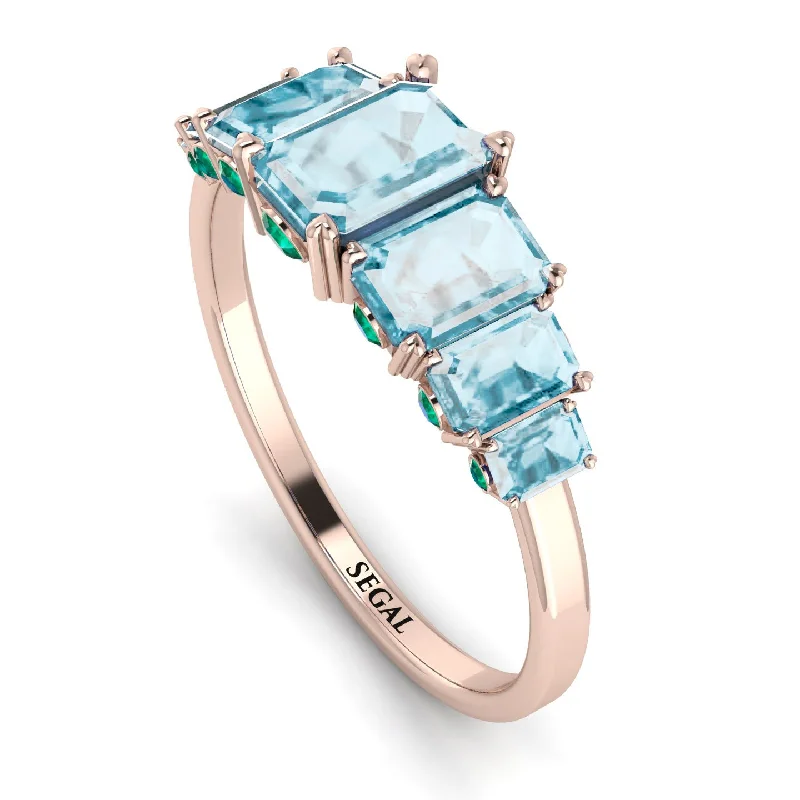 Personalized Gemstone Wedding Rings-Emerald Cut Aquamarine Ring With Hidden Emeralds - Brynlee No. 405