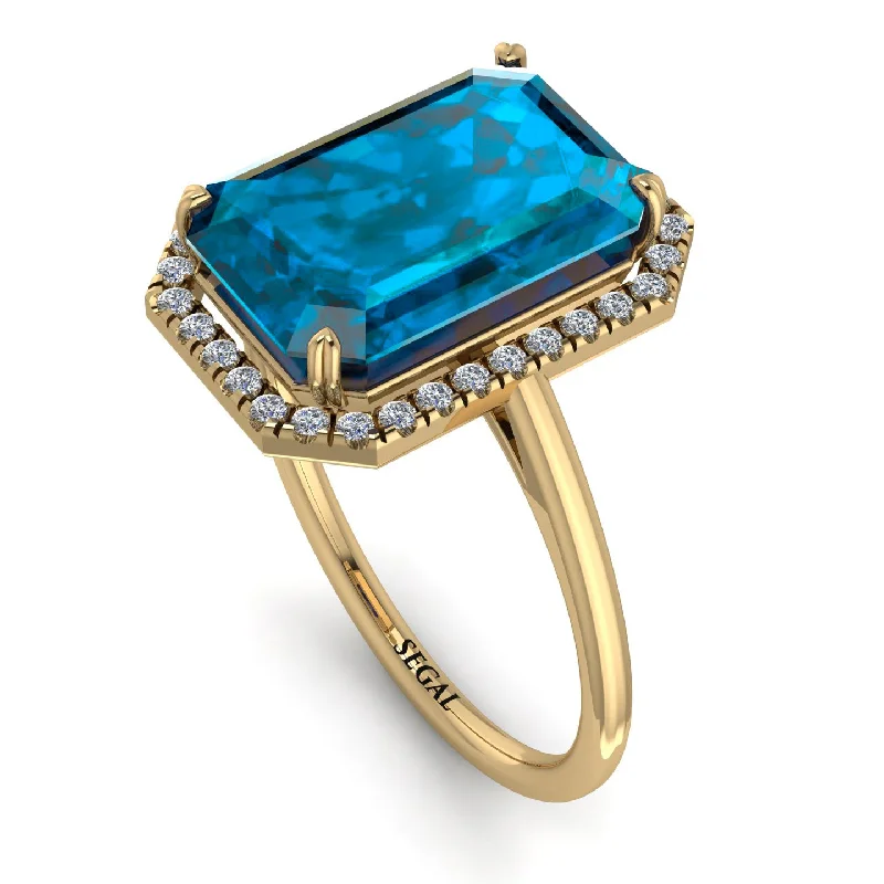 Designer Gemstone Rings-Halo Emerald Cut Blue Topaz Engagement Ring - Izabella No. 501