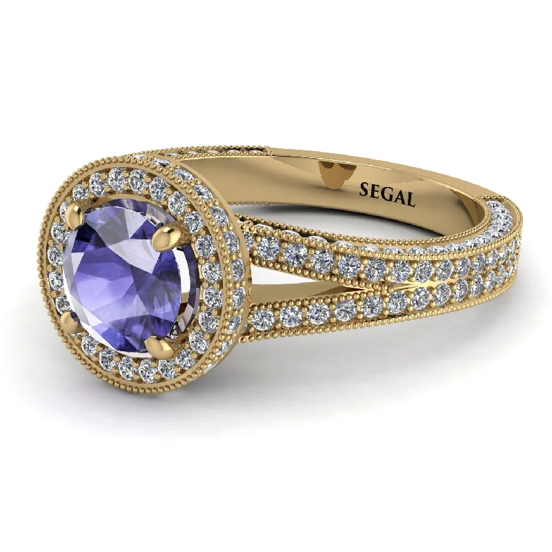 Modern Gold Rings-Milgrain Round Tanzanite Engagement Ring - Payton No. 201