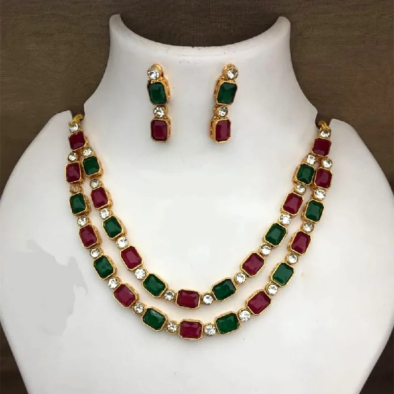 Classic Diamond Necklaces-Palak Art Gold Plated Crystal Stone Double Layer Necklace Set