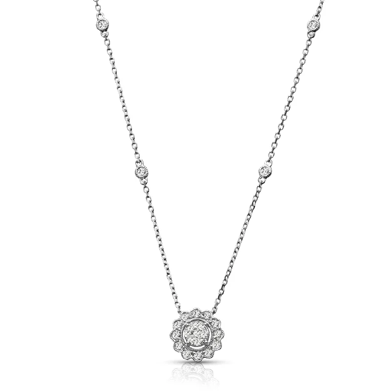 Statement Chain Necklaces-Milgrain 0.33 ctw Diamond Halo Cluster Necklace Pendant