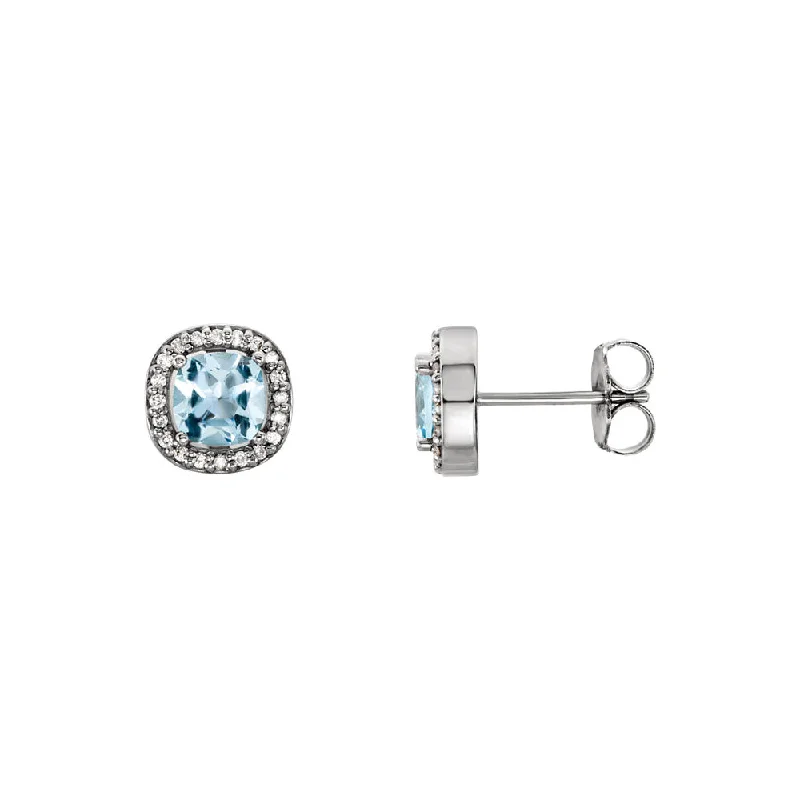 Personalized Drop Earrings-Sky Blue Topaz & Diamond 8mm Square Halo Earrings in 14k White Gold