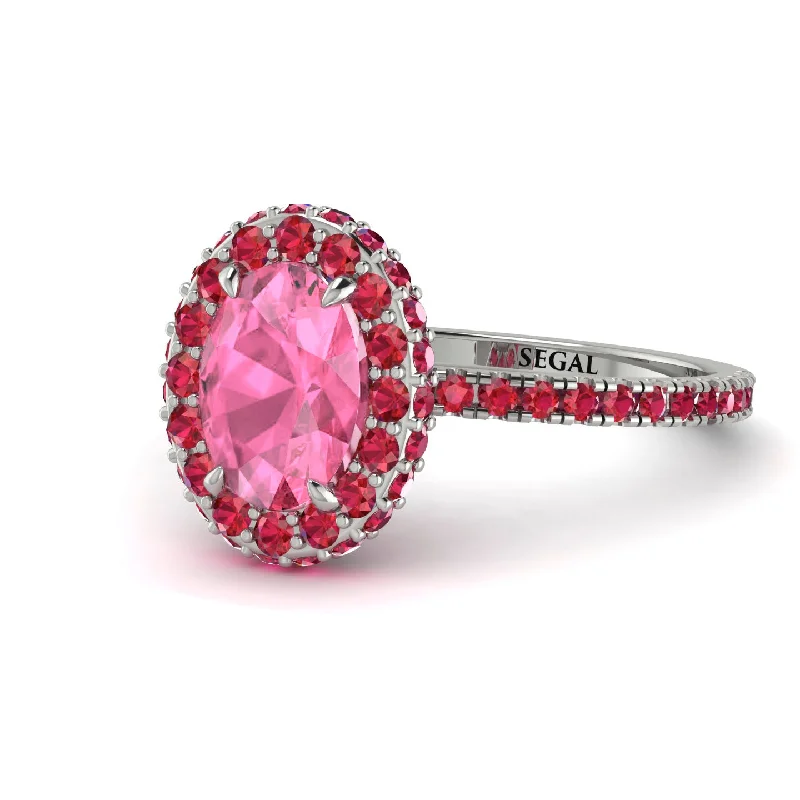 Stylish Gemstone Rings-Oval Pink Moissanite Halo Hidden Rubies Ring - Amy No. 812