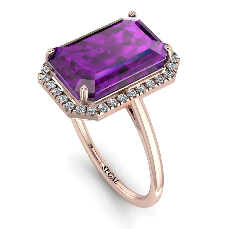 Stylish Gemstone Rings-Halo Emerald Cut Amethyst Engagement Ring - Izabella No. 302