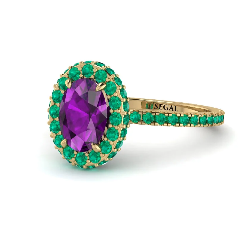 Vintage Diamond Rings-Oval Amethyst Halo Hidden Emeralds Ring - Amy No. 304