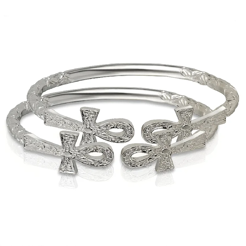 High-End Wedding Bangles-Better Jewelry Solid .925 West Indian Silver Bangles with Large Ankh Cross Ends, 1 pair