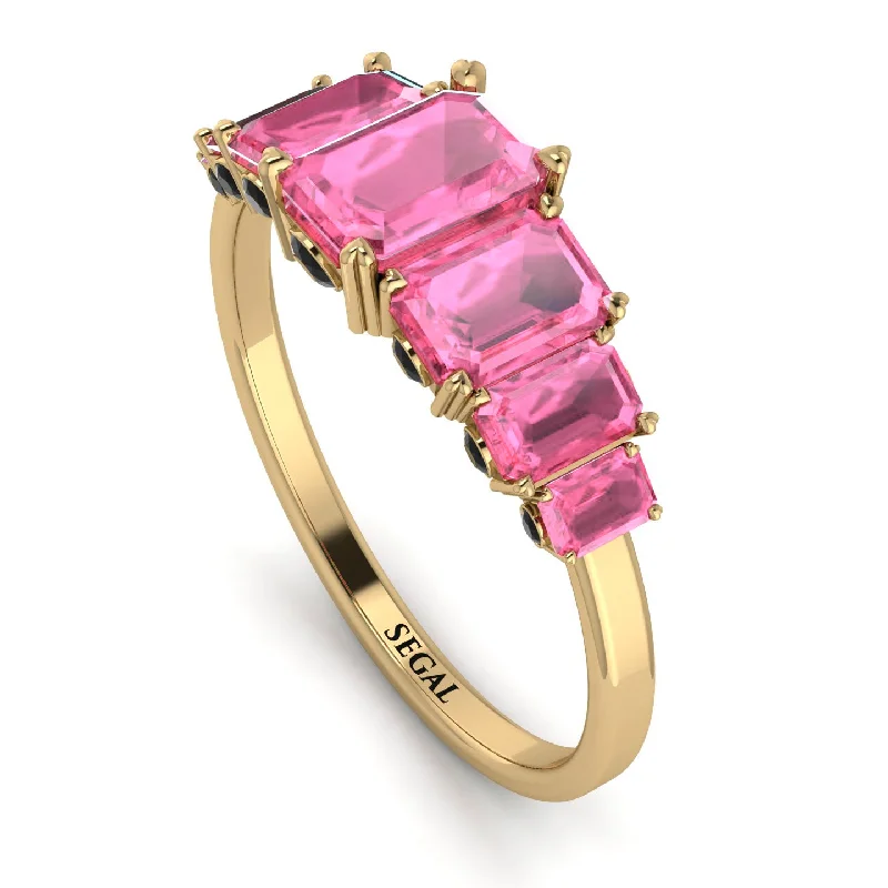 Silver Gemstone Rings-Emerald Cut Pink Moissanite Ring With Hidden Black Diamonds - Brynlee No. 807