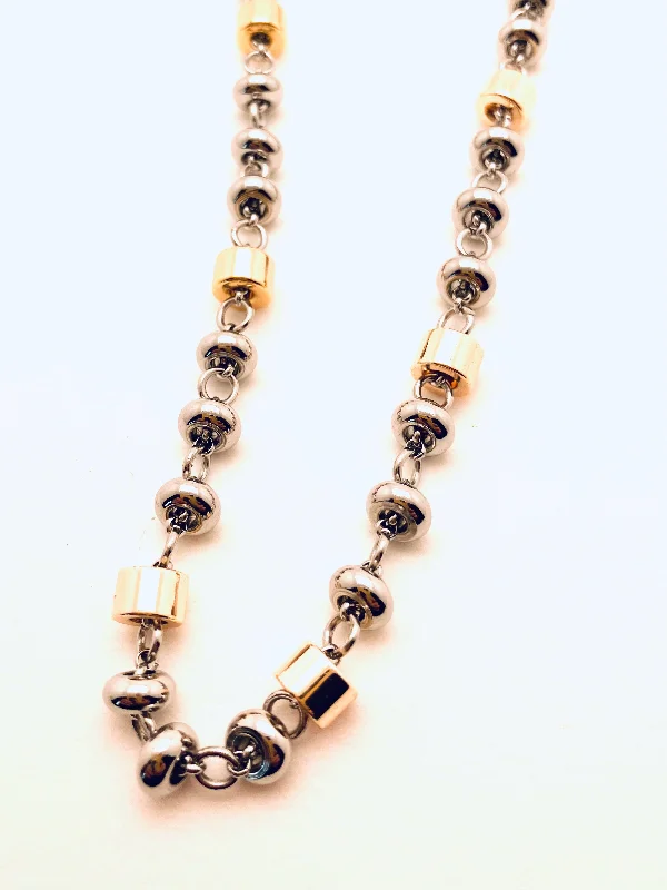 Trendy Heart Necklaces-Mixed Gold and Silver Stainless Steel Bead Necklace