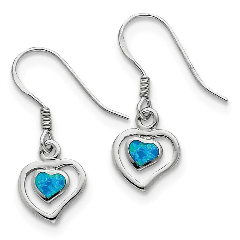 Statement Earrings for Women-10mm Created Blue Opal Double Heart Dangle Earrings in Sterling Silver