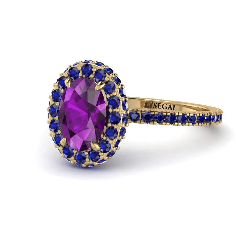 Trendy Engagement Rings-Oval Amethyst Halo Hidden Sapphires Ring - Amy No. 313