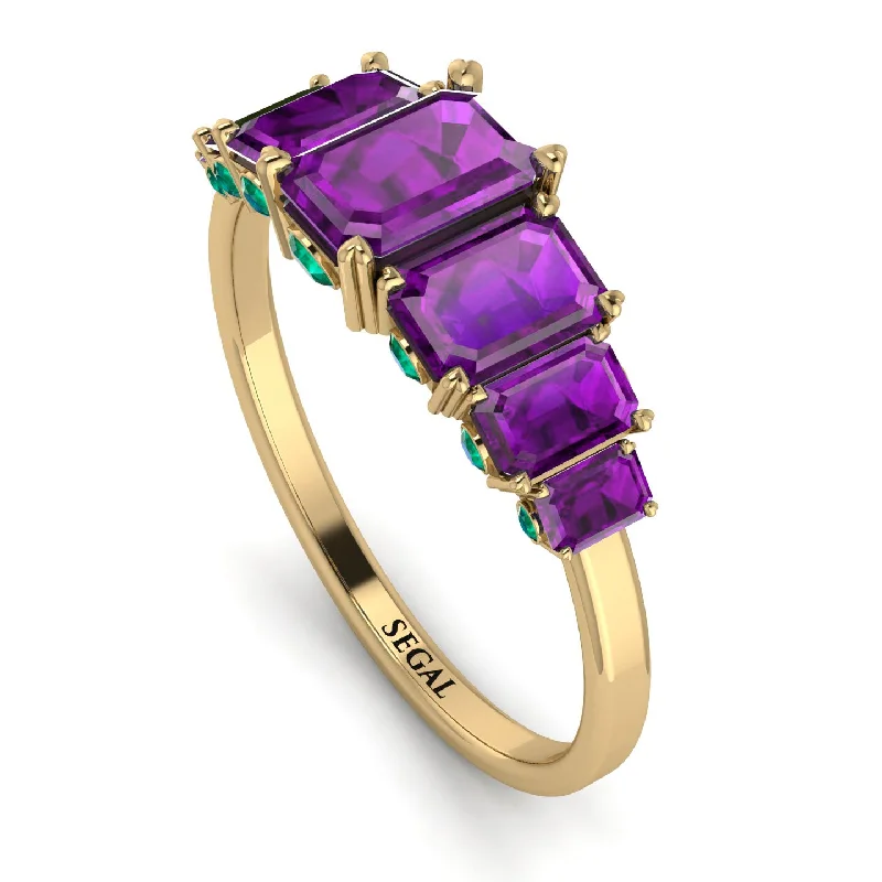 Modern Gold Wedding Bands-Emerald Cut Amethyst Ring With Hidden Emeralds - Brynlee No. 304