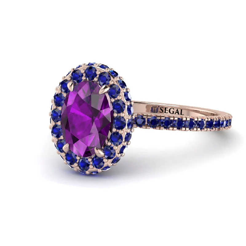 Beautiful Wedding Rings-Oval Amethyst Halo Hidden Sapphires Ring - Amy No. 314