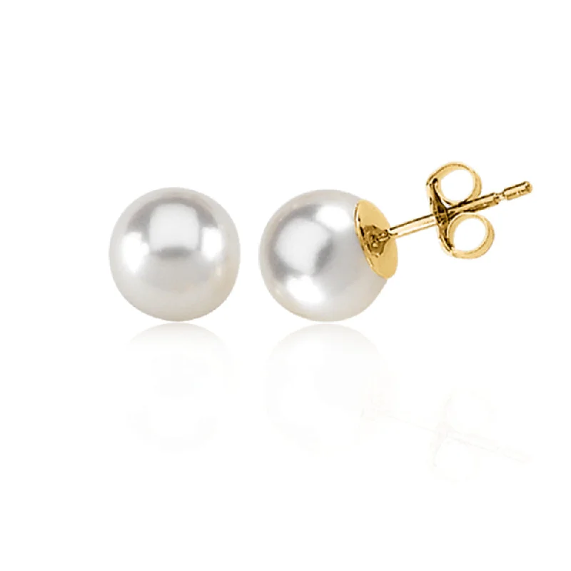 Dainty Silver Earrings-7mm White Akoya Cultured Pearl and 14k Yellow Gold Stud Earrings