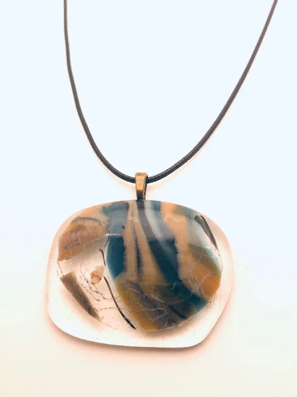 Birthstone Pendant Necklaces-Necklace with fused Glass Pendant, large Pendant, clear with stripes