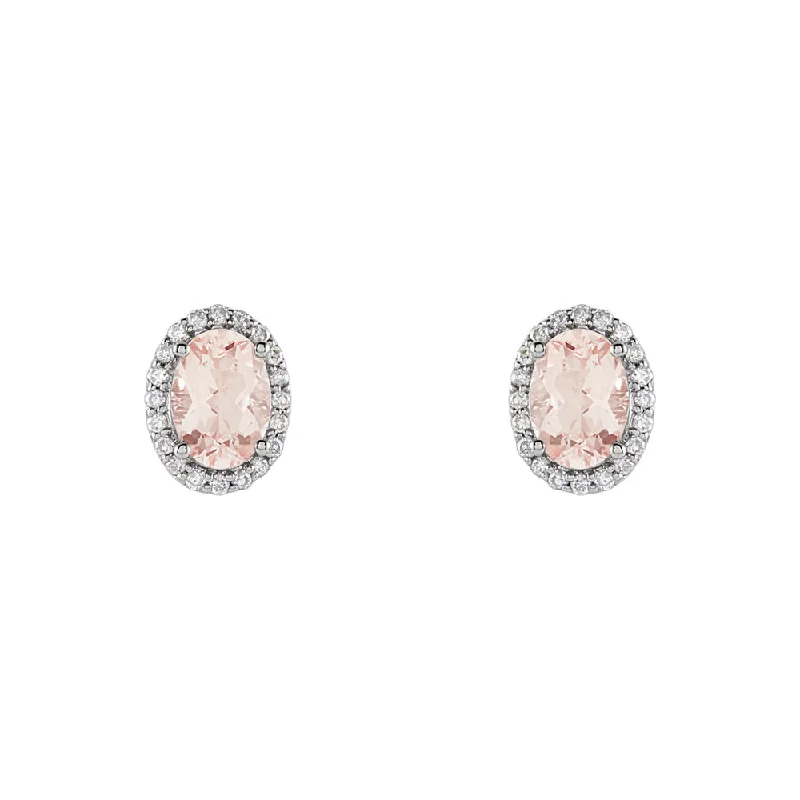 Fine Gold Earrings-Oval Morganite & Diamond Halo Stud Earrings in 14k White Gold