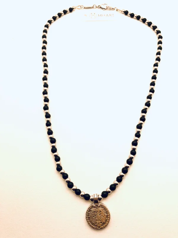 Wedding Gold Necklaces-Black Onyx Coin Necklace