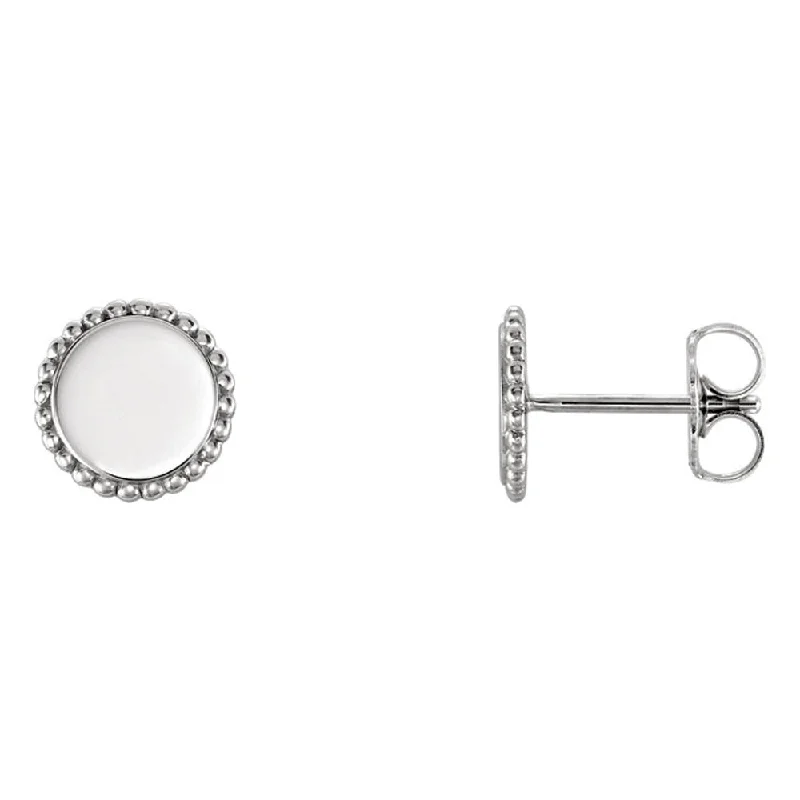 Customizable Earrings-8mm (5/16 Inch) 14k White Gold Engravable Beaded Edge Circle Earrings