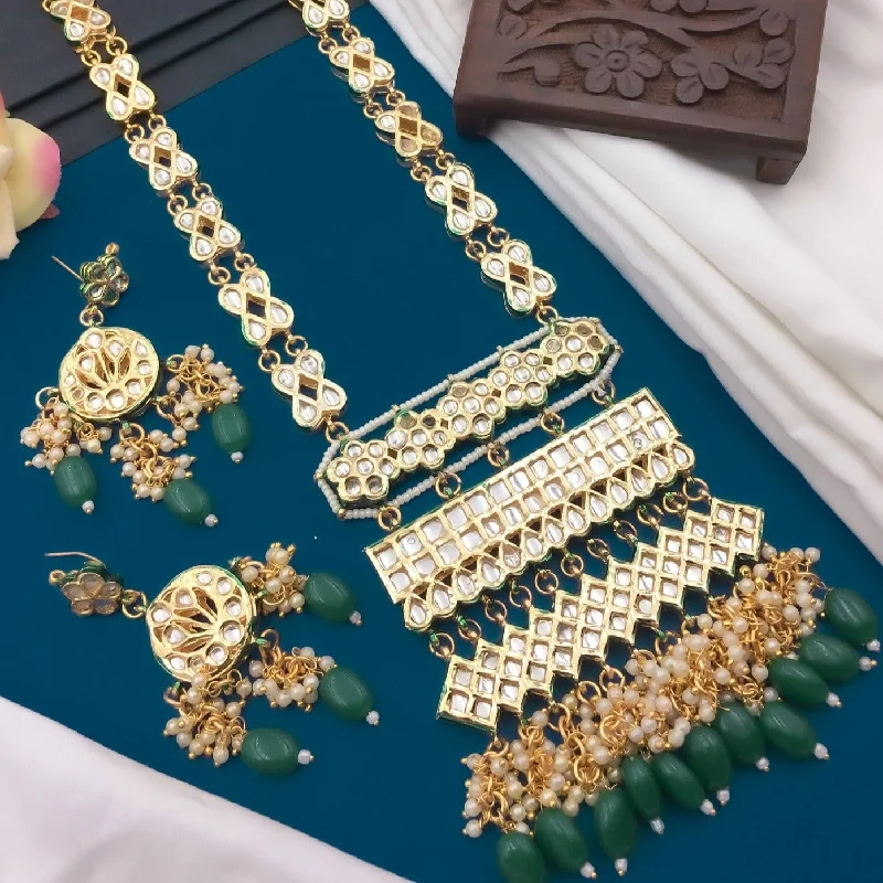 Fashionable Name Necklaces-Shree Jai Sai Art Gold Plated Kundan And pearl Long Necklace Set