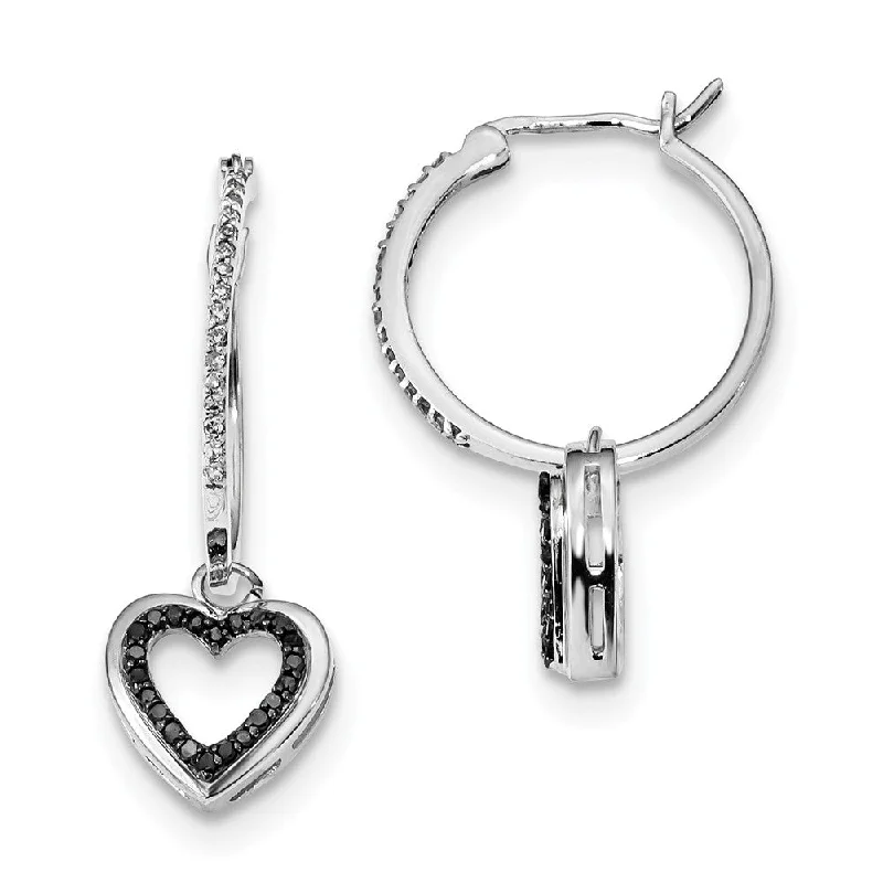 Small Hoop Earrings-Black & White Diamond Dangle Heart Hoop Earrings in Sterling Silver