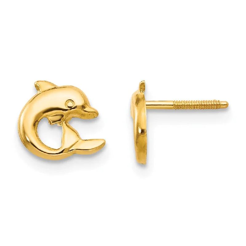 Pearl Stud Earrings-Kids 7mm Dolphin Screw Back Post Earrings in 14k Yellow Gold