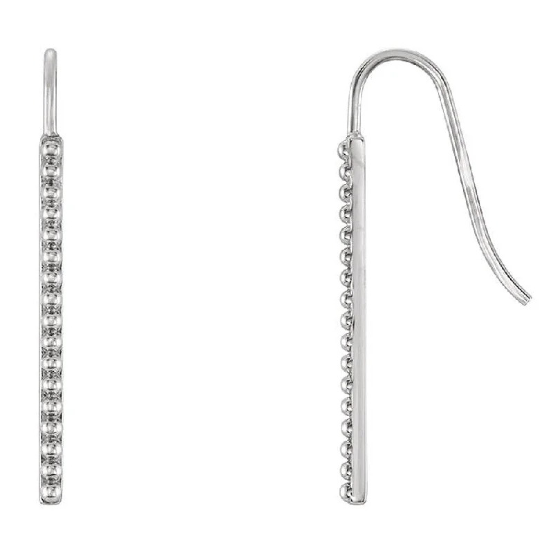 Trendy Silver Earrings-1.6mm x 25mm (1 Inch) 14k White Gold Beaded Vertical Bar Earrings