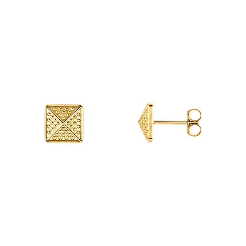 Luxury Diamond Stud Earrings-8mm Textured Square Pyramid Stud Earrings in 14k Yellow Gold