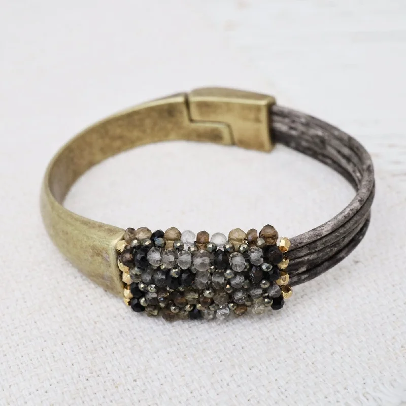 Sparkling Gold Bracelets-Hand Champagne Sapphires on Multi Strand Drift Wood Leather Bracelet