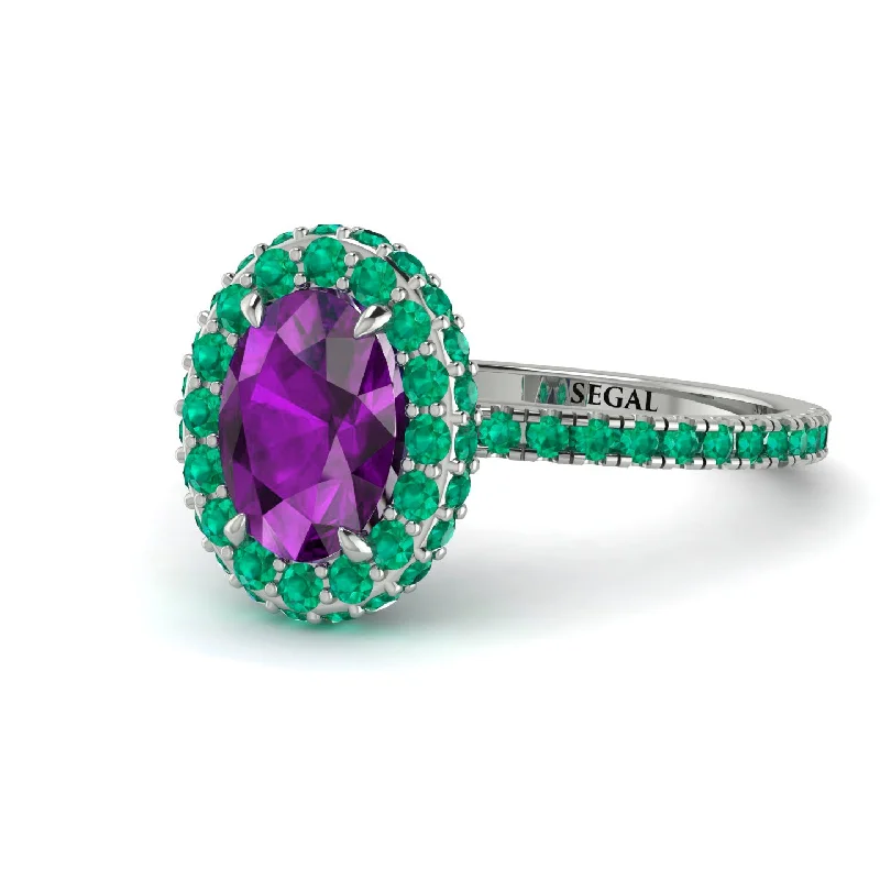 Matching Wedding Rings-Oval Amethyst Halo Hidden Emeralds Ring - Amy No. 306