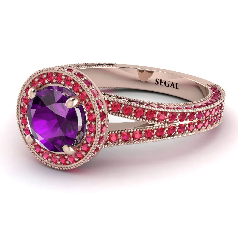 Simple Gemstone Rings-Milgrain Round Amethyst Engagement Ring - Payton No. 311