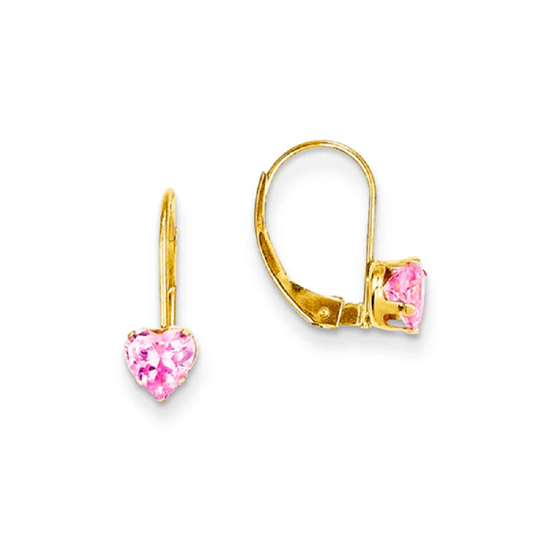 Pretty Pearl Earrings-Kids 14k Yellow Gold & Pink CZ 5mm Heart Shaped Lever Back Earrings