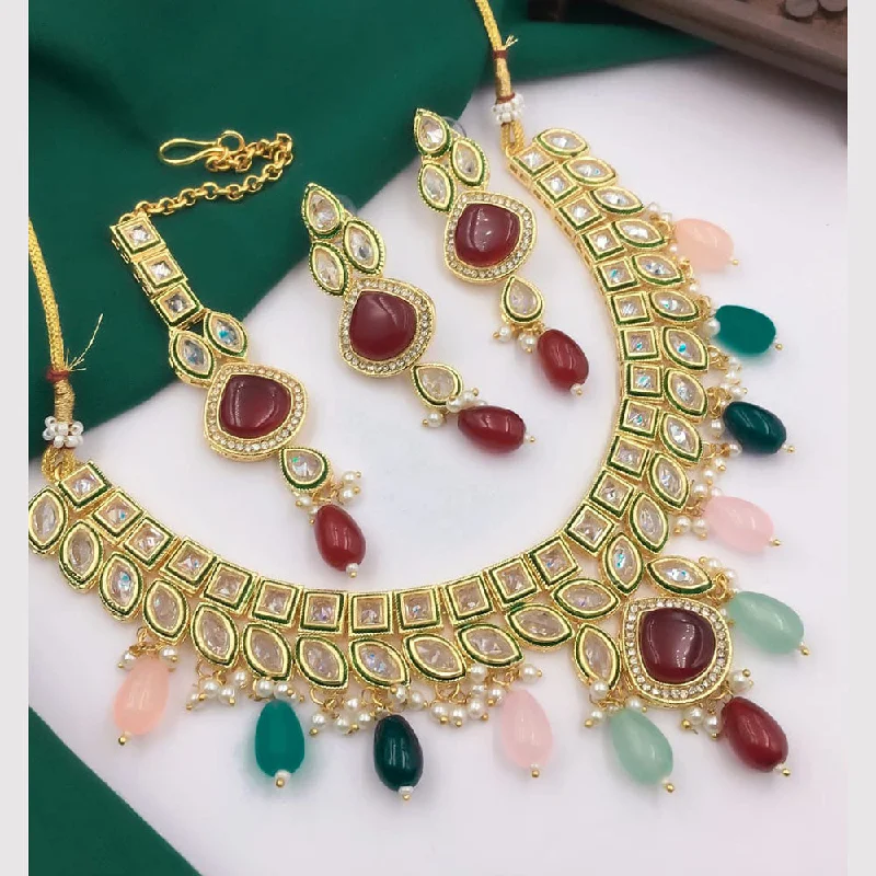 Elegant Crystal Pendant Necklaces-5G Jewellery Gold Plated Crystal Stone And Beads Necklace Set