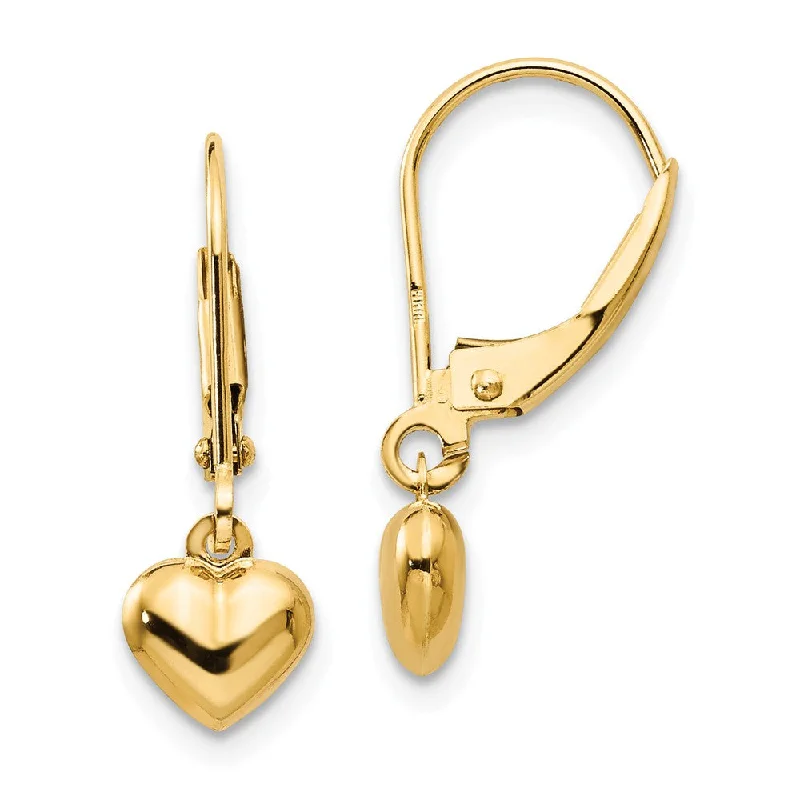 Silver Hoop Earrings-Kids 5mm Puffed Heart Lever Back Earrings in 14k Yellow Gold