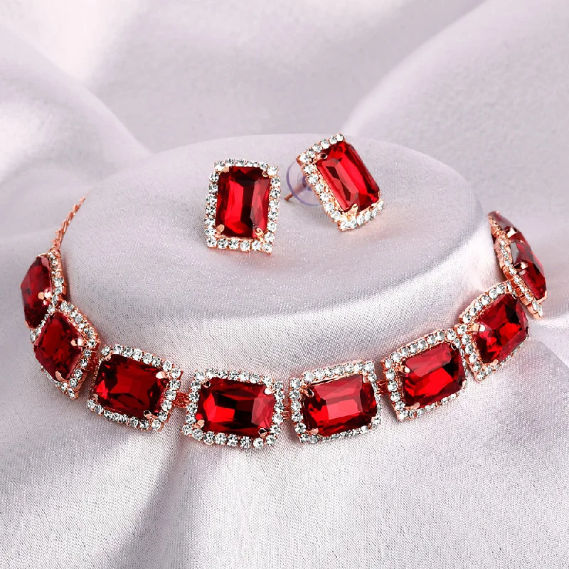 Layered Gemstone Necklaces-Shrishti Fashion Elegant Squire Shape Red Stone Rose Gold Plated Collar Necklace Set For Women