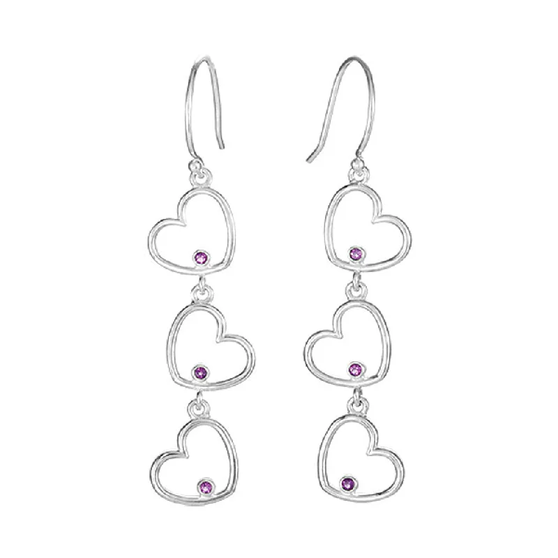 Fine Jewelry Earrings-Triple Heart Amethyst Dangle Earrings in Sterling Silver