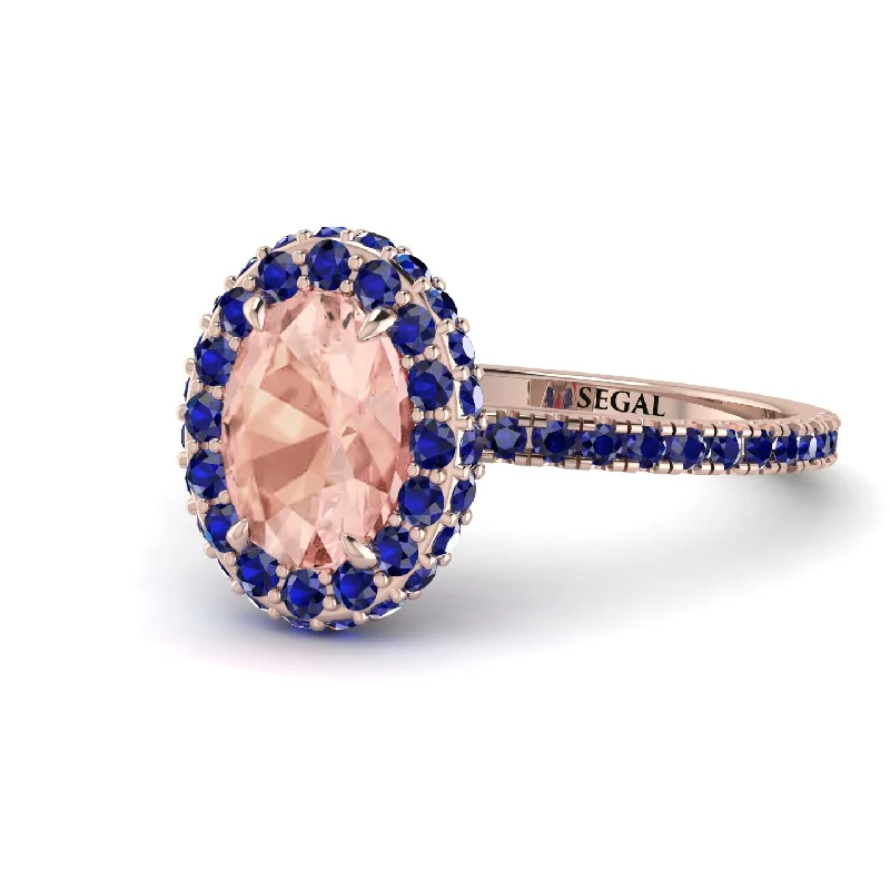 Fashionable Statement Rings-Oval Morganite Halo Hidden Sapphires Ring - Amy No. 914