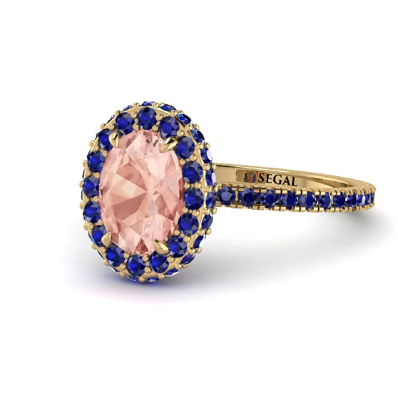 Men’s Gold Rings-Oval Morganite Halo Hidden Sapphires Ring - Amy No. 913