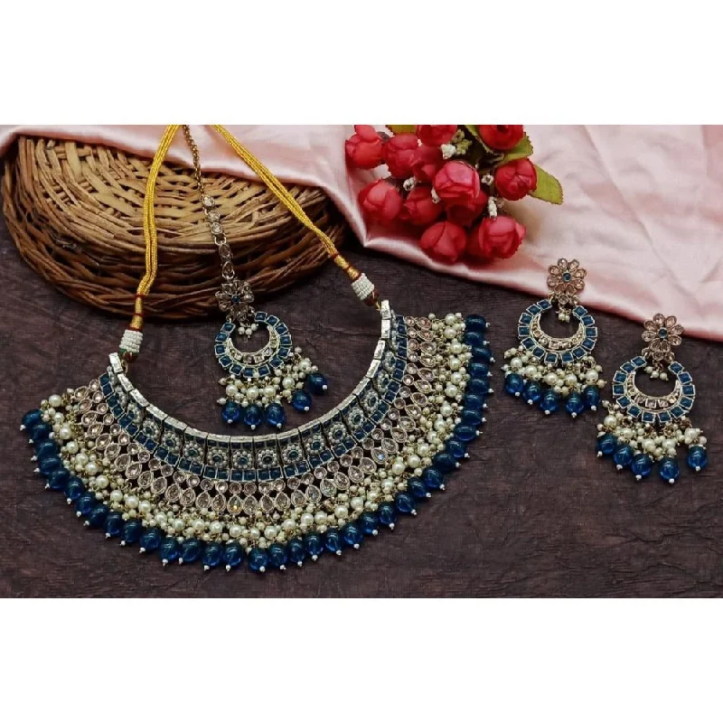 Large Pendant Necklaces-Akruti Collection Gold Plated Crystal Stone And Beads Choker Necklace Set