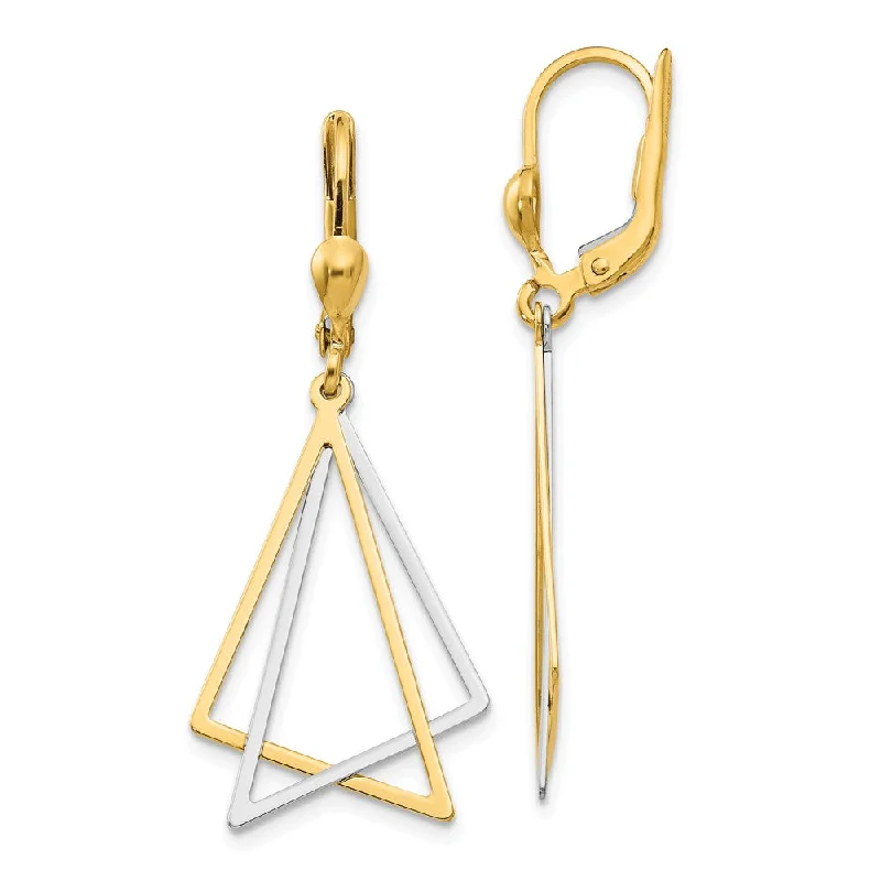 Antique Gold Earrings-Double Triangle Lever Back Earrings in 14k Two Tone Gold