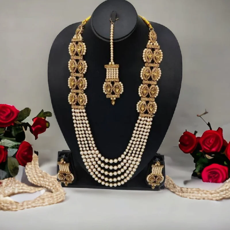 Trendy Personalized Necklaces-Naitika Art Gold Plated Austrian Stone And Beads Long Necklace Set