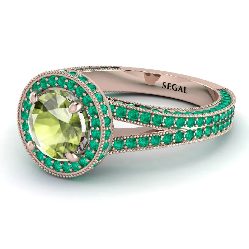 Unique Diamond Wedding Bands-Milgrain Round Peridot Engagement Ring - Payton No. 705