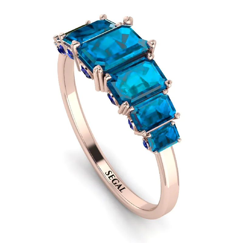 Personalized Rings for Weddings-Emerald Cut Blue Topaz Ring With Hidden Black Diamonds - Brynlee No. 508